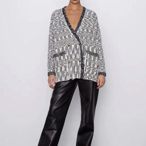 Zara Structured Knit Bloggers Favorite Black and White Blazer Jacket Oversized M